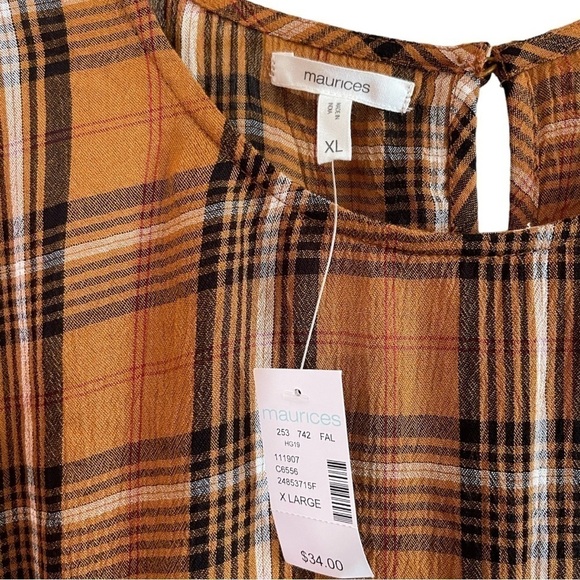 MAURICES, NWT, MUSTARD & BLACK PLAID, TIERED PEASANT TOP. LONG SLEEVE. SIZE XL - Picture 3 of 8